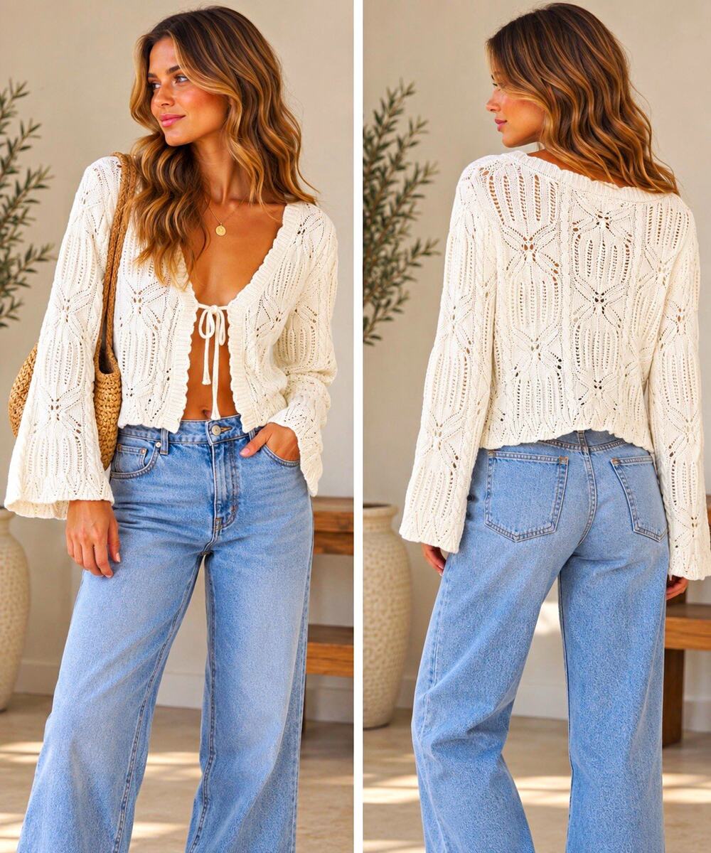 Moon & Madison White Knit V-Neck Tie-Front Cropped Cardigan Sweater, XS